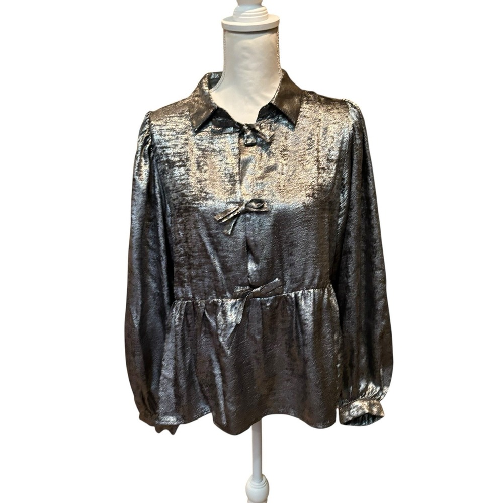 JODIFL‎ Women's Silver Metallic Shimmer Bow Babydoll Top Size Small